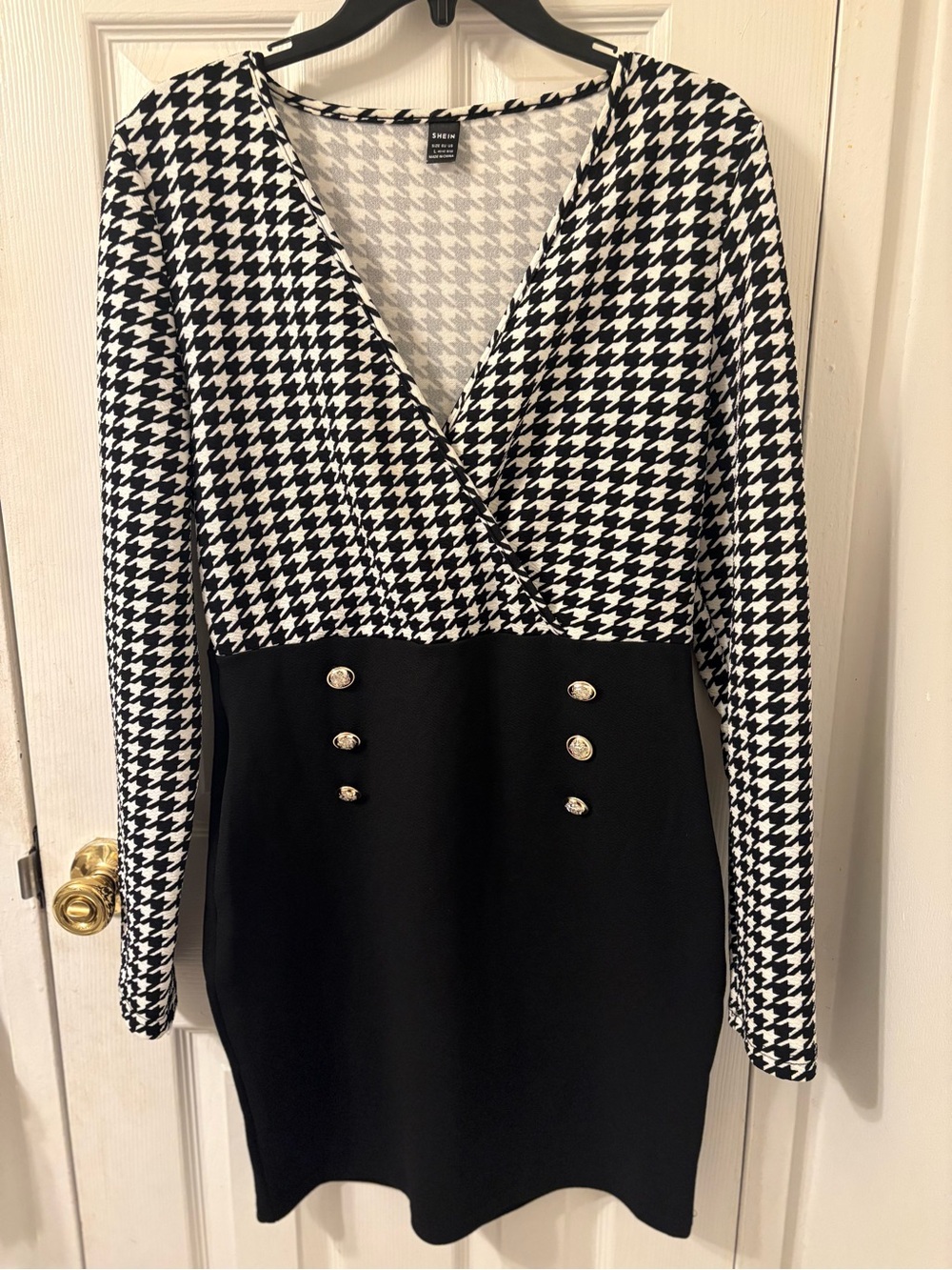 SHEIN Black & White Houndstooth Wrap Long Sleeve Dress